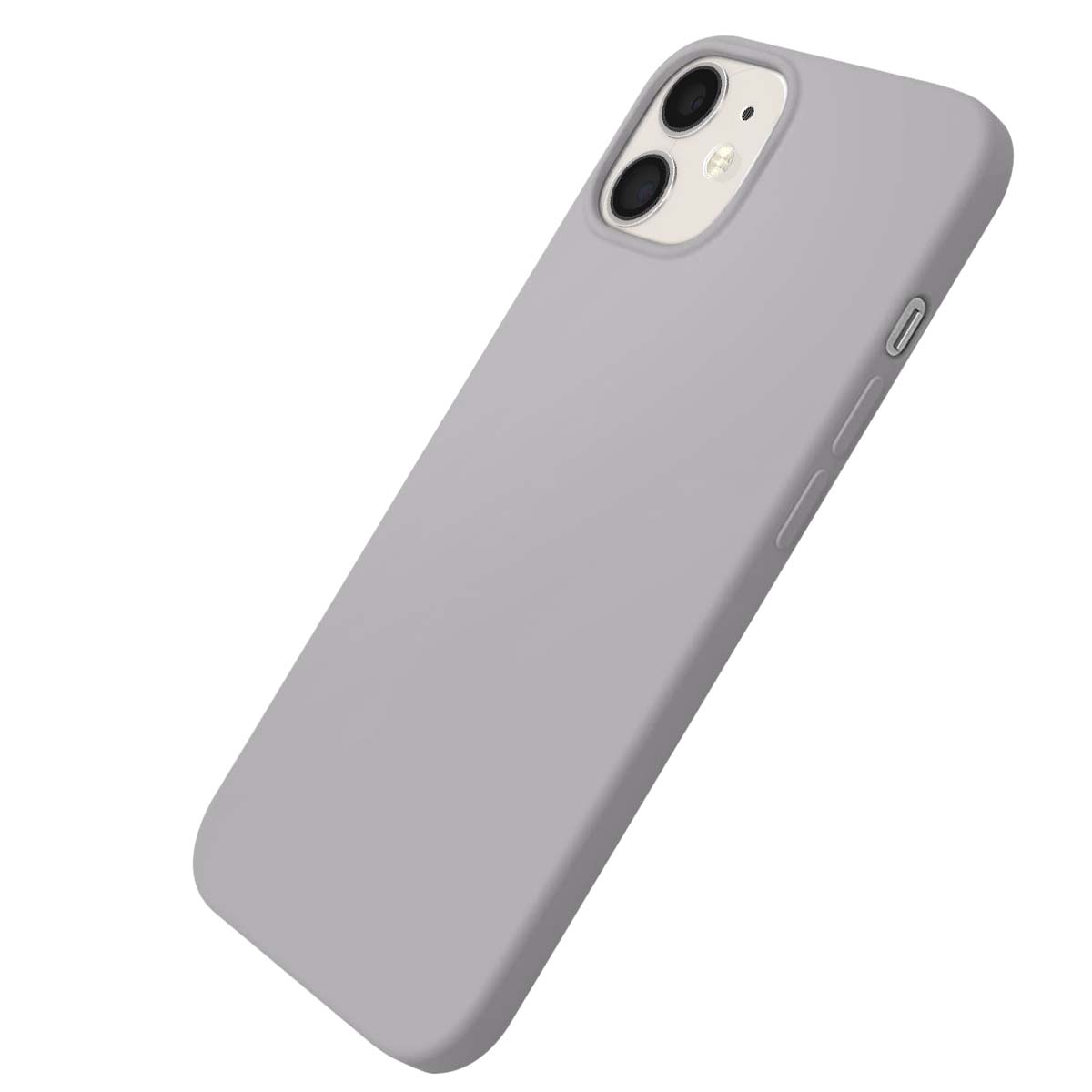 Une coque de téléphone gris clair avec découpe double caméra est présentée sur fond blanc.
