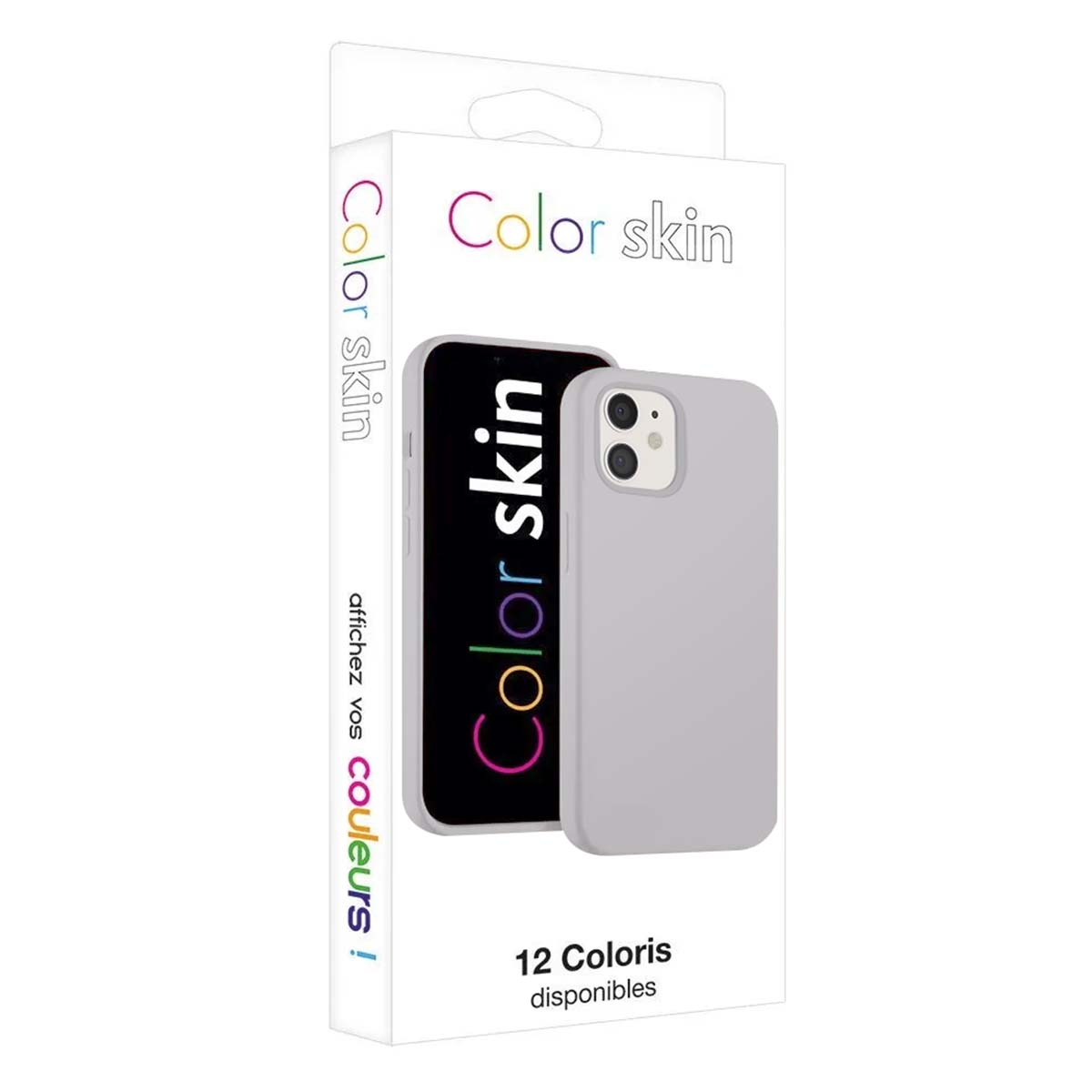 Emballage pour une coque iPhone gris clair, montrant la coque et un téléphone avec la coque.