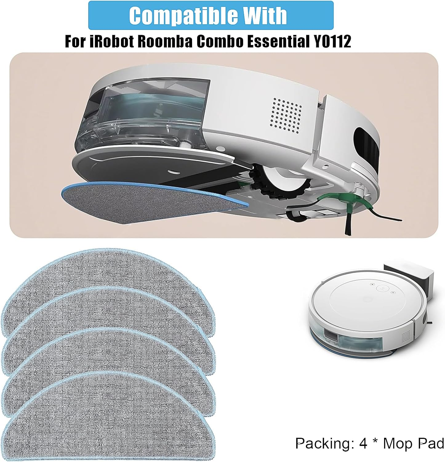 Biały robot sprzątający Roomba z nakładką mopującą i stosem pięciu szarych nakładek.