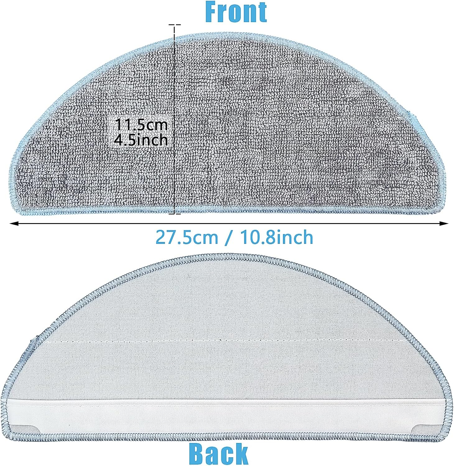 Widok z przodu i z tyłu szarej nakładki mopującej z niebieską lamówką, wymiary 27,5 cm x 11,5 cm.