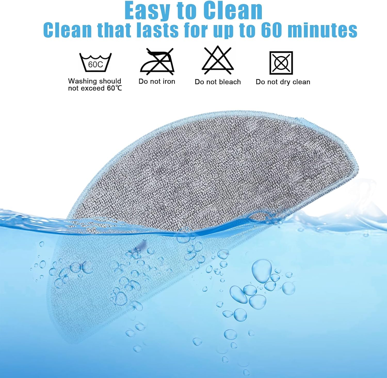 Szara nakładka mopa jest częściowo zanurzona w wodzie. Powyżej instrukcje czyszczenia.