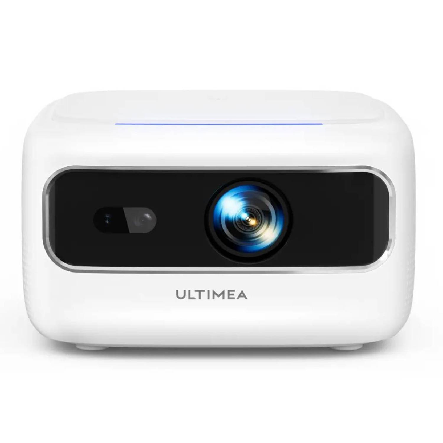 Biały projektor Ultima z czarnym obiektywem i niebieskim paskiem świetlnym na górze.