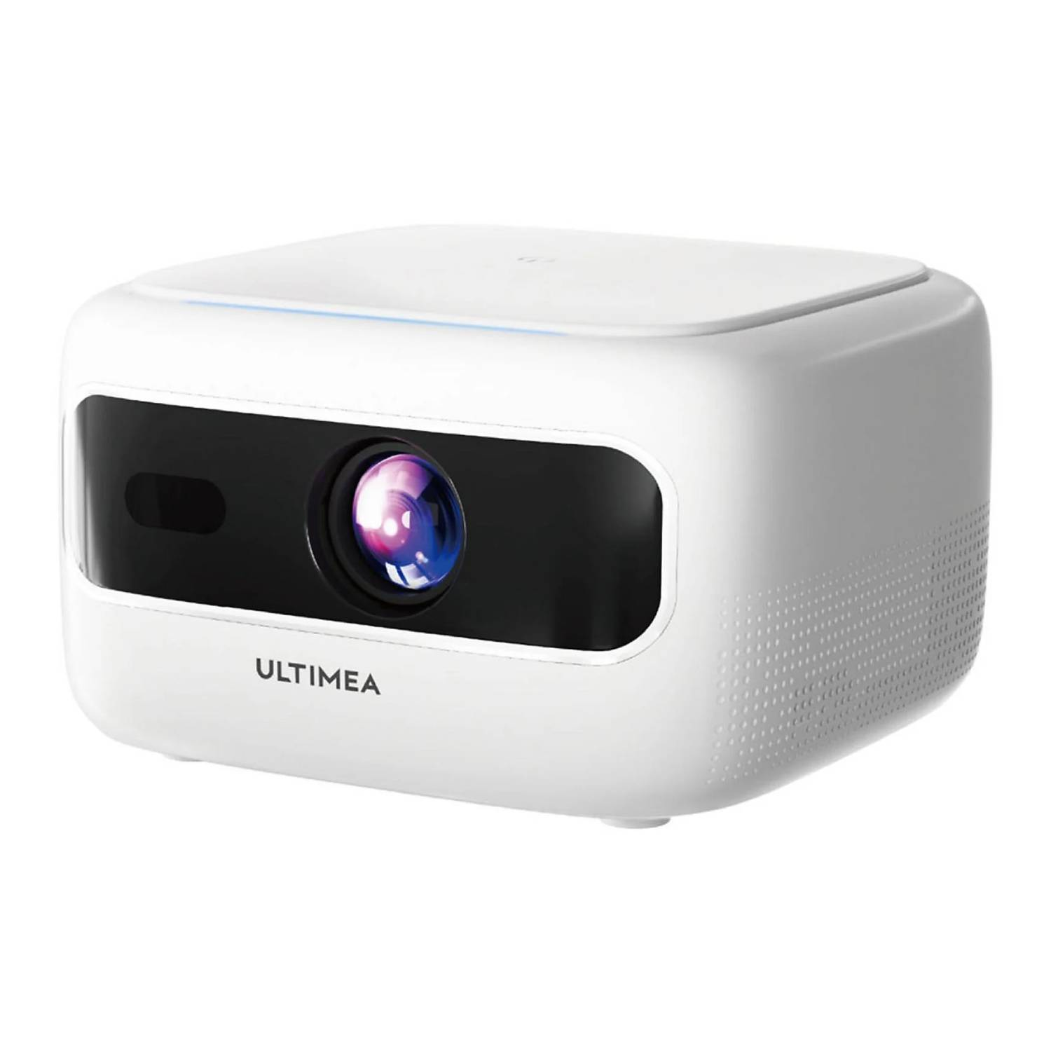 Biały projektor Ultimea z czarną obudową obiektywu i niebieskim paskiem świetlnym.