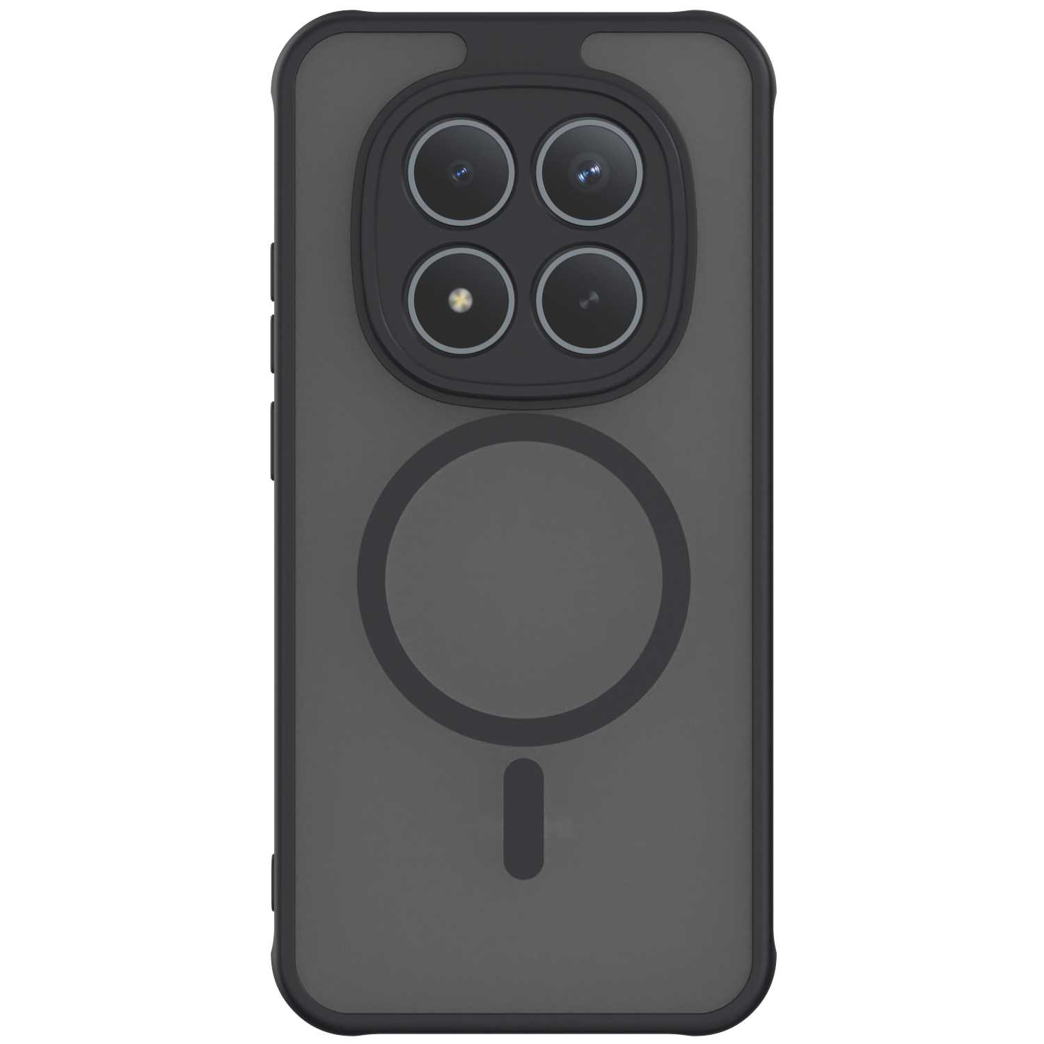 Ciemnoszara obudowa telefonu z poczwórnym aparatem i okrągłym pierścieniem magnetycznym.