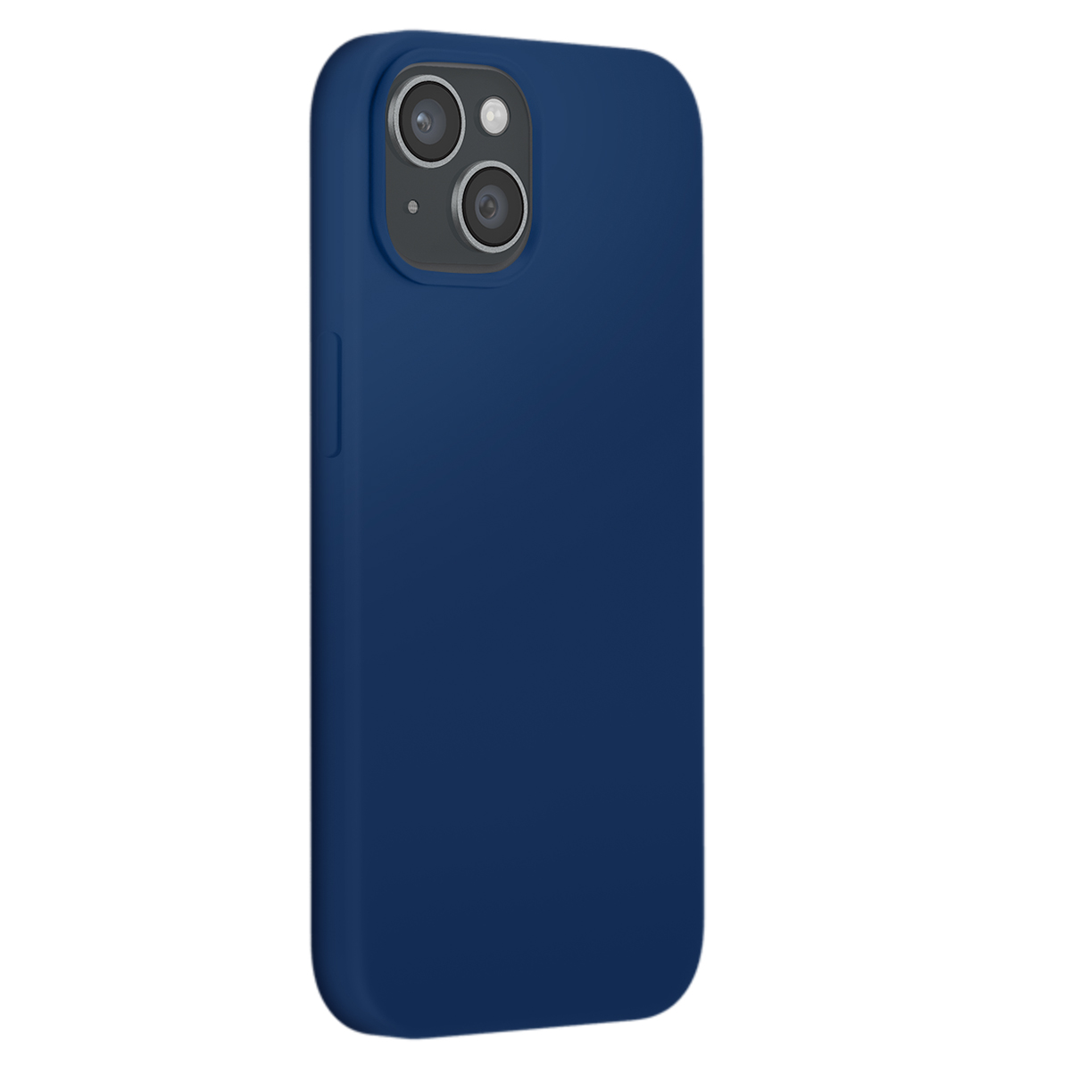 Custodia blu scuro per telefono con modulo fotocamera su sfondo bianco.