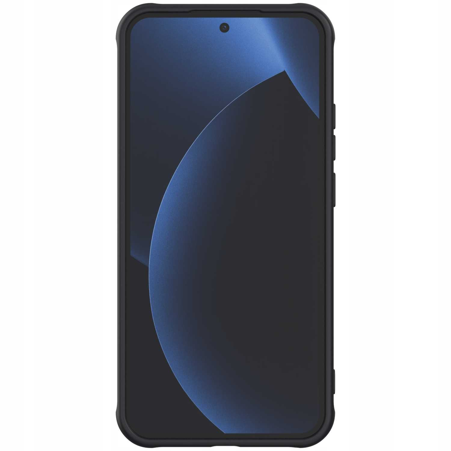 Czarny smartfon z niebieskim tłem wyświetlanym na ekranie.