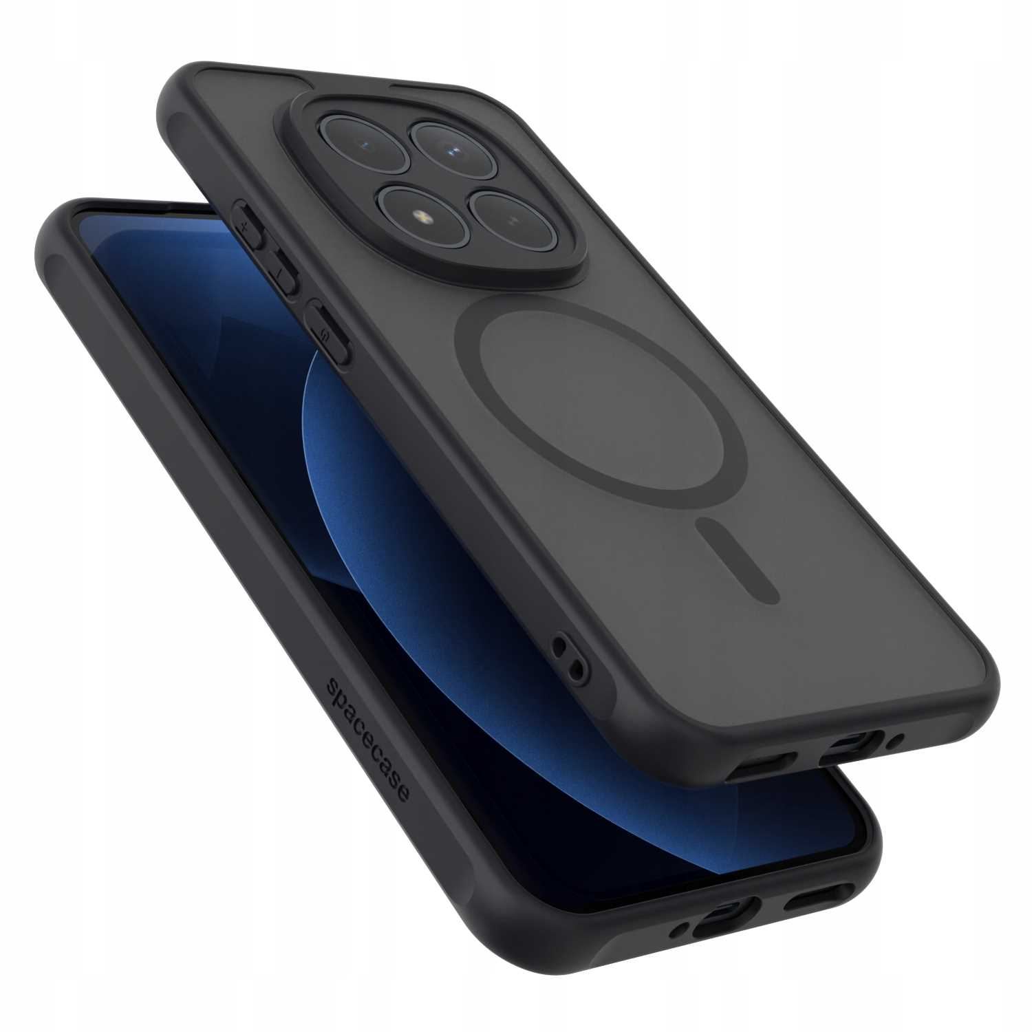 Na telefonie pokazano czarne etui na telefon z magnetycznym pierścieniem.