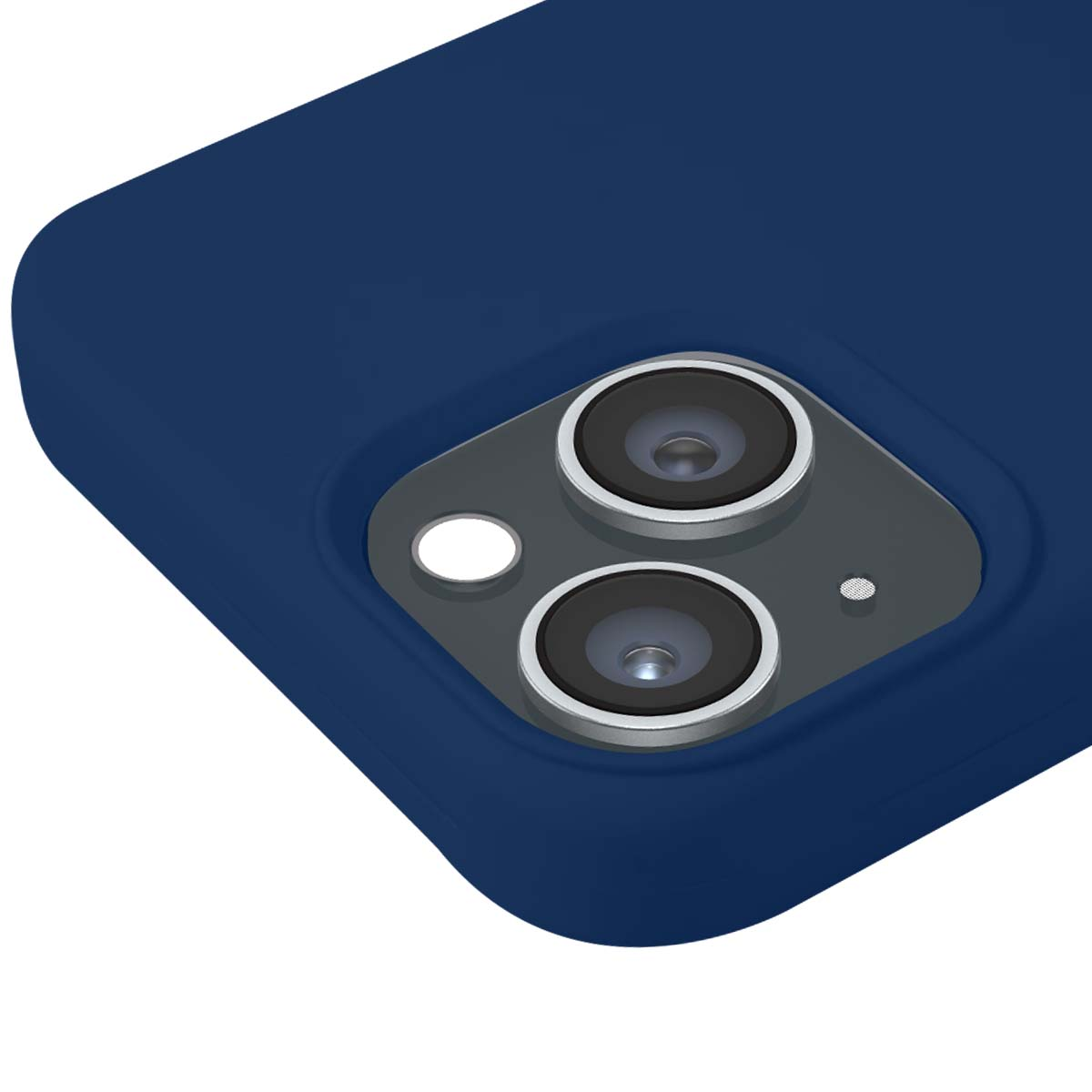 Primo piano di una custodia blu scuro per telefono con modulo fotocamera a due lenti.