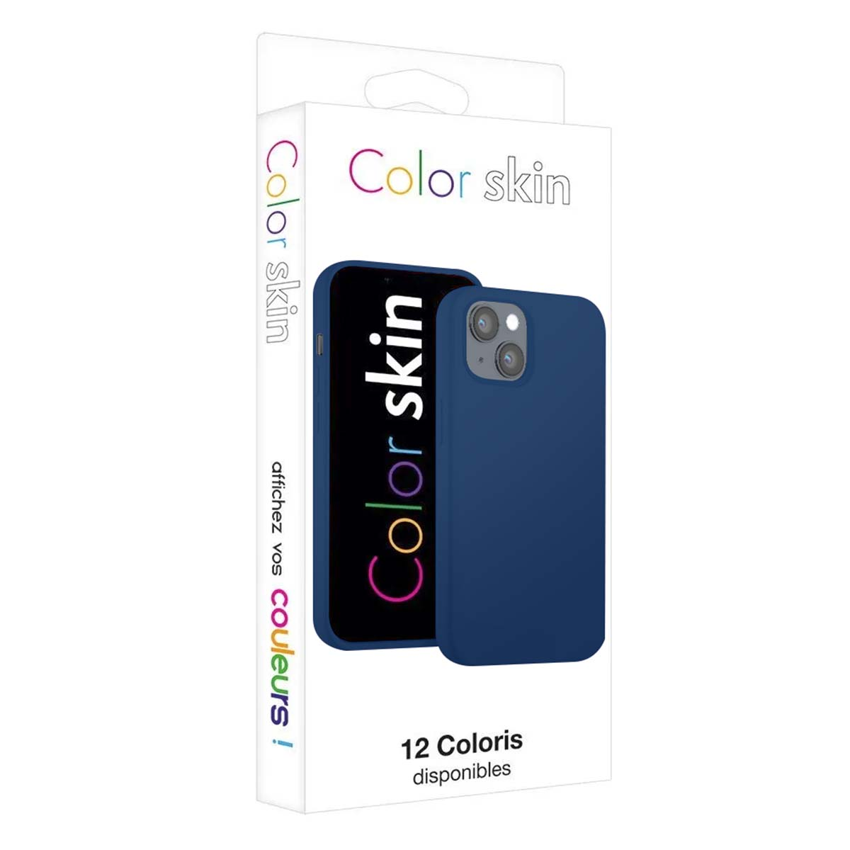 Una cover blu scuro accanto a uno smartphone con scritto "Color skin".