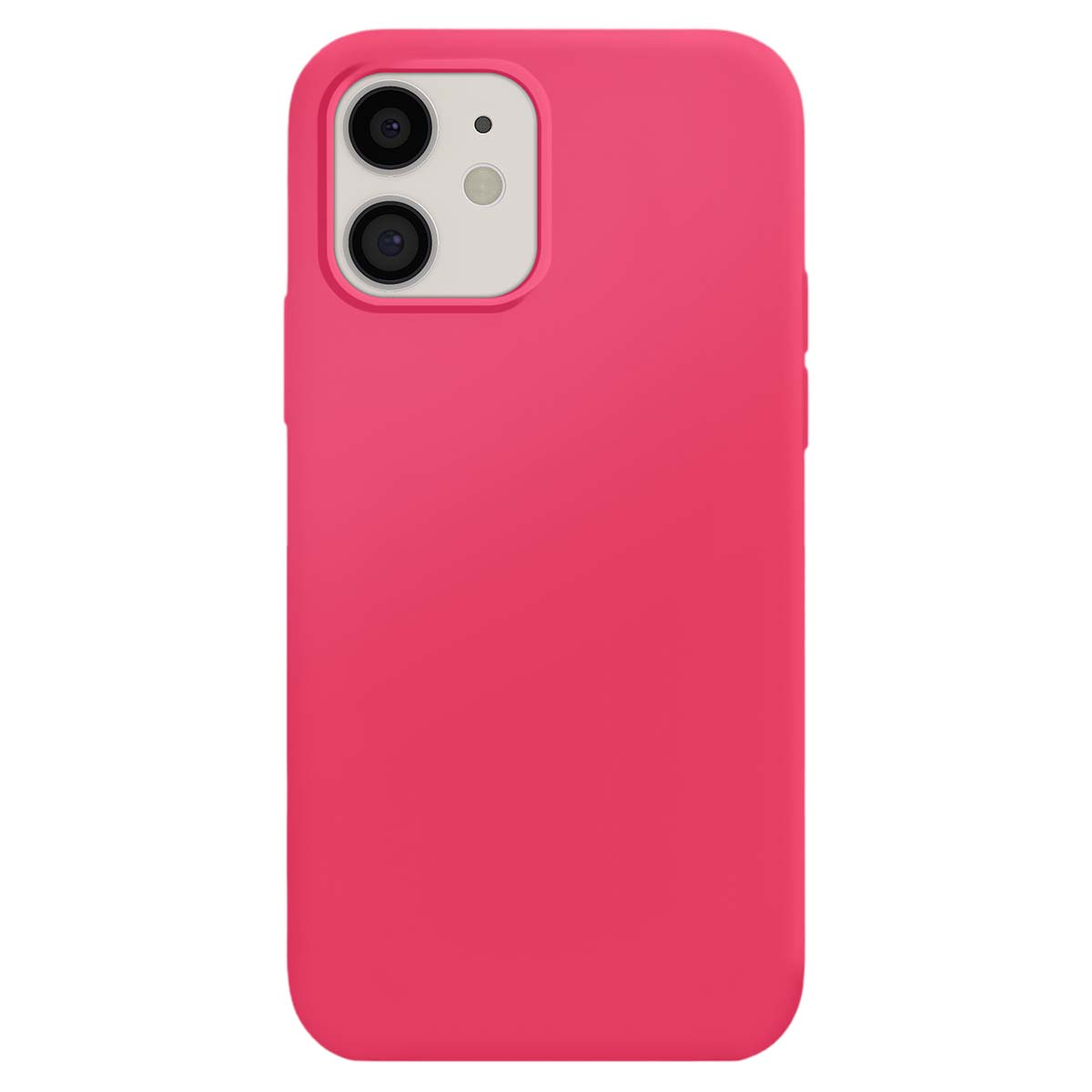 Une coque de téléphone rose vif avec découpe pour double appareil photo est montrée sur fond blanc.