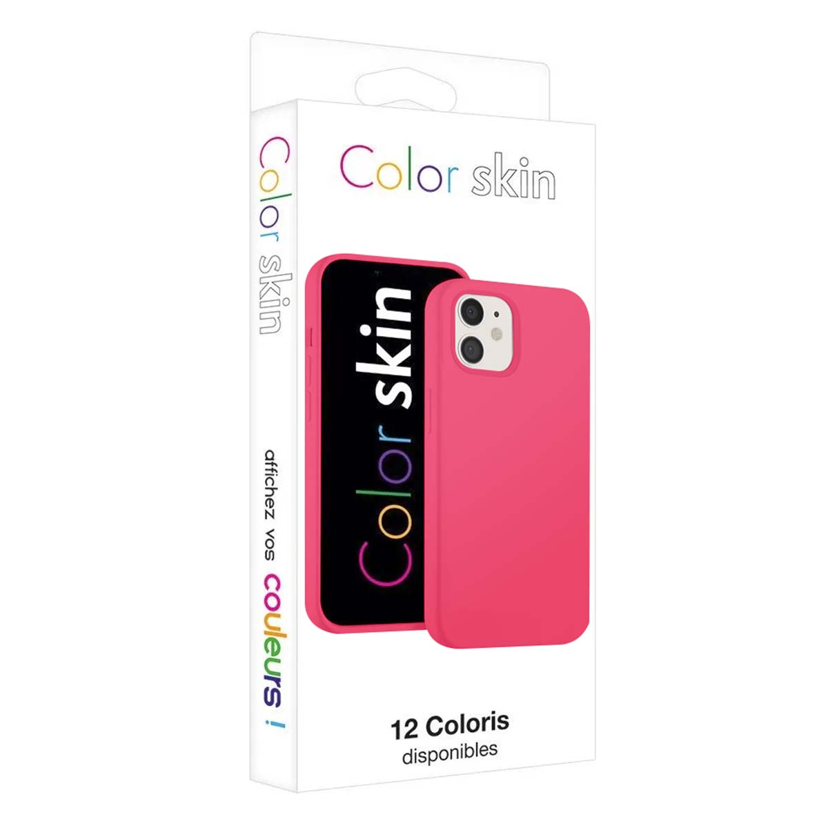 Emballage d'une coque de téléphone rose avec 'Color skin' imprimé.
