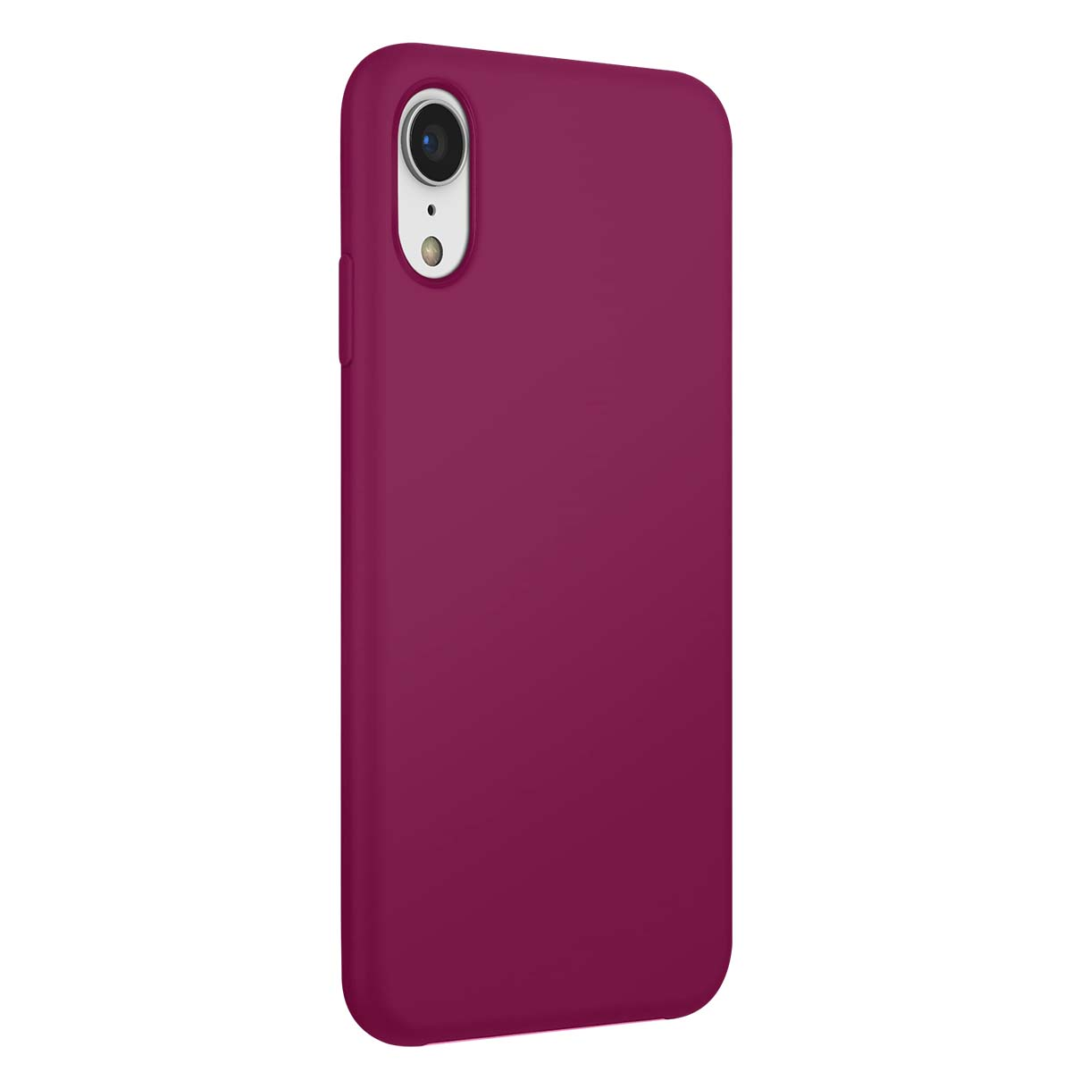 Primer plano de una funda de teléfono color ciruela con recorte de cámara dual.