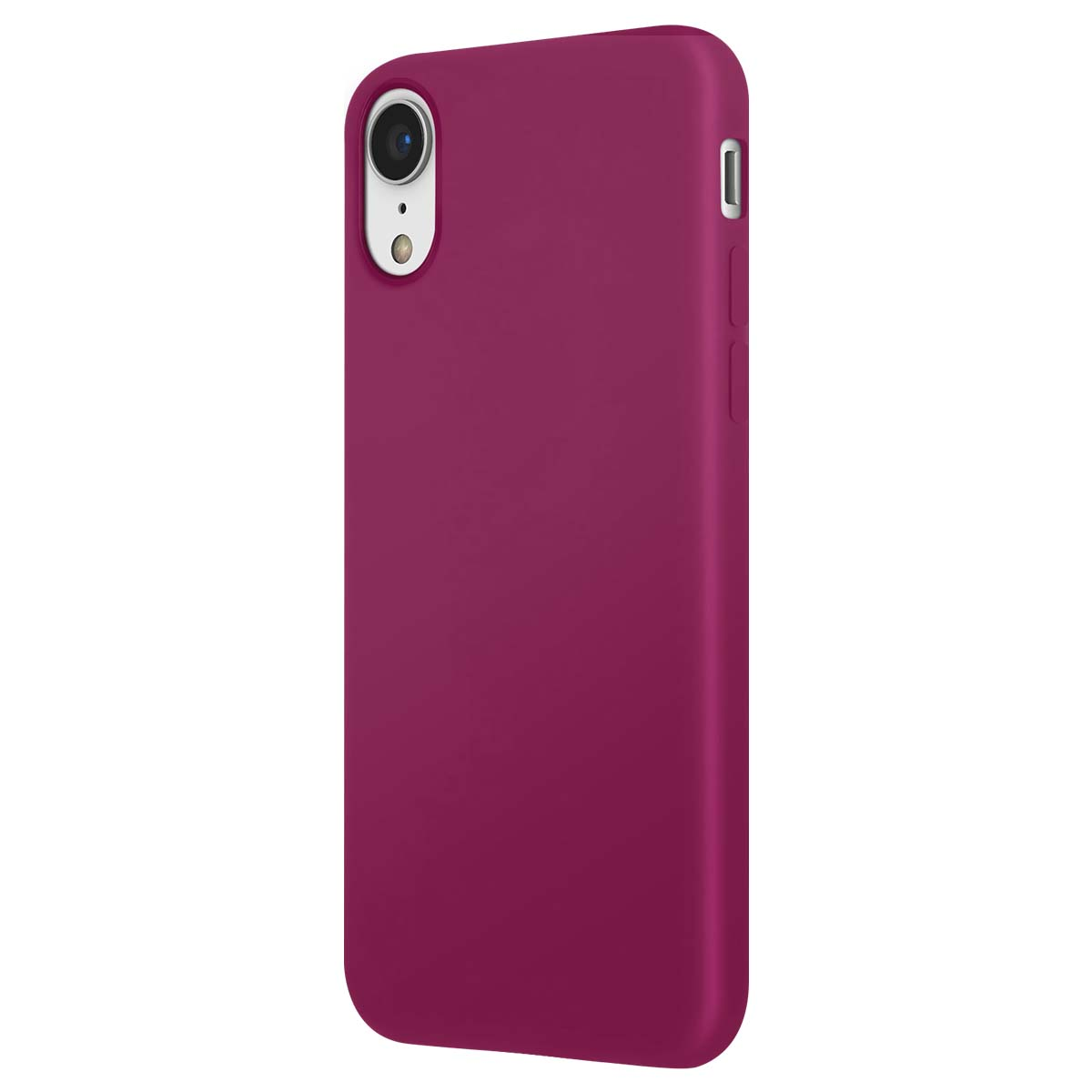 Se muestra una funda de teléfono magenta con recorte de cámara sobre fondo blanco.