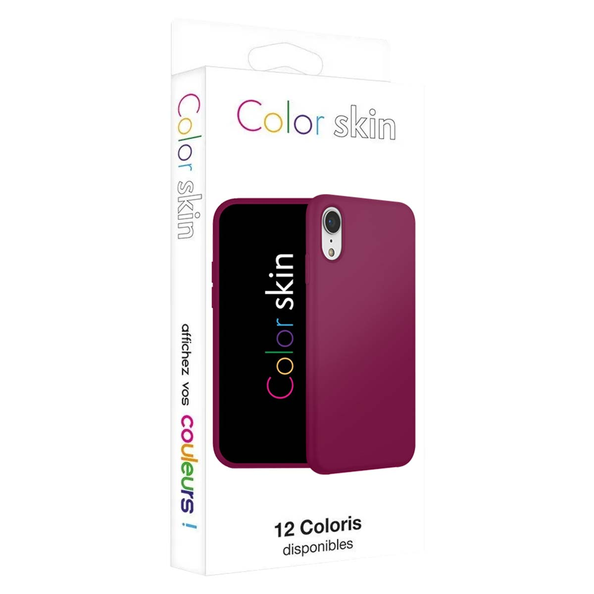 Una funda de teléfono morada con marca "Color skin" en su embalaje.