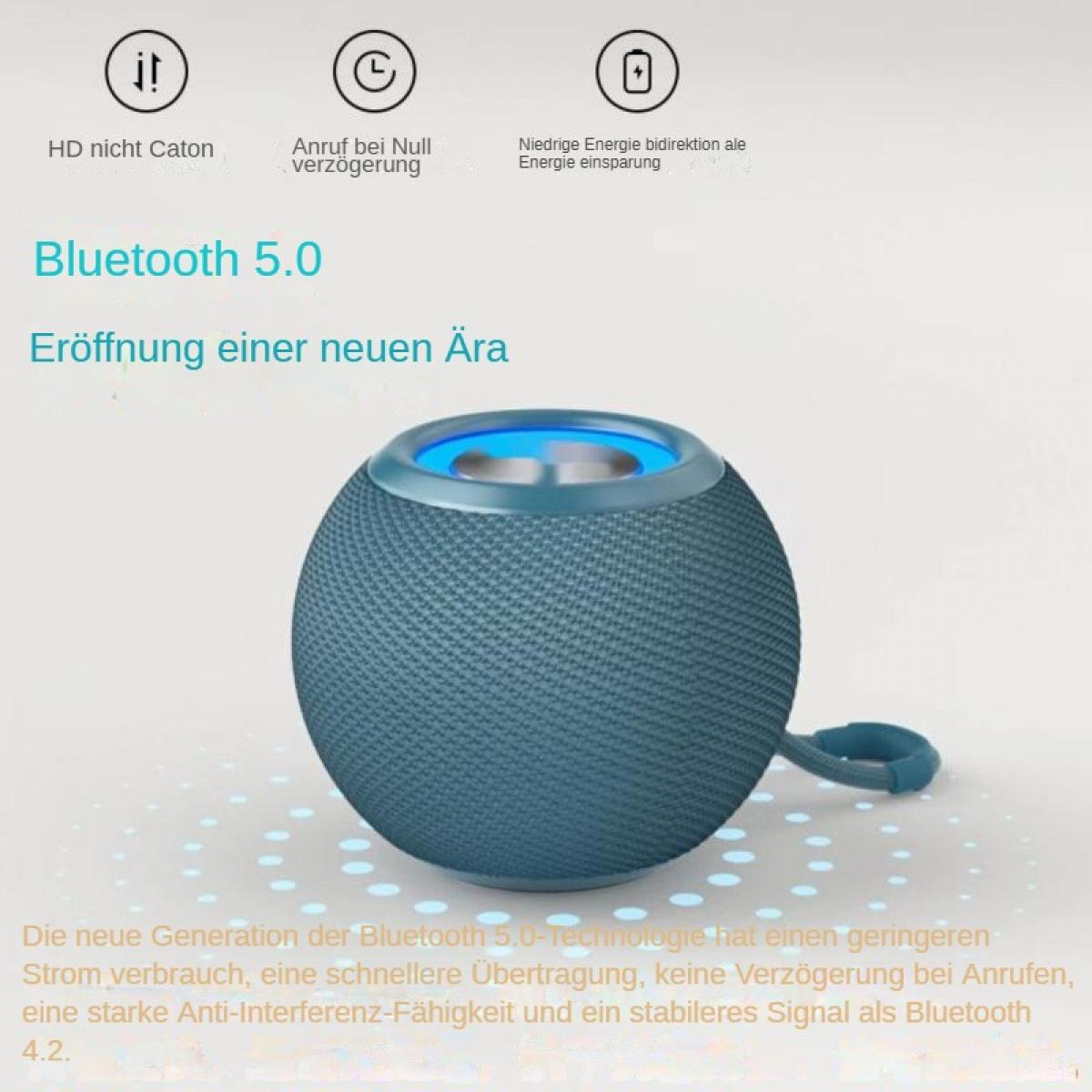 Ein blauer Bluetooth-Lautsprecher mit beleuchteter Oberseite sitzt auf einer weißen Fläche mit hellblauen Punkten.