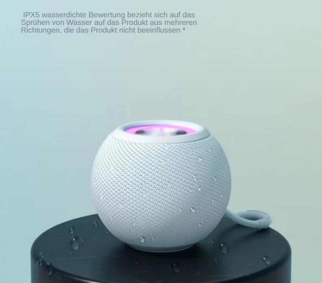 Ein weißer, kugelförmiger Lautsprecher mit Wassertropfen auf dem Sockel.
