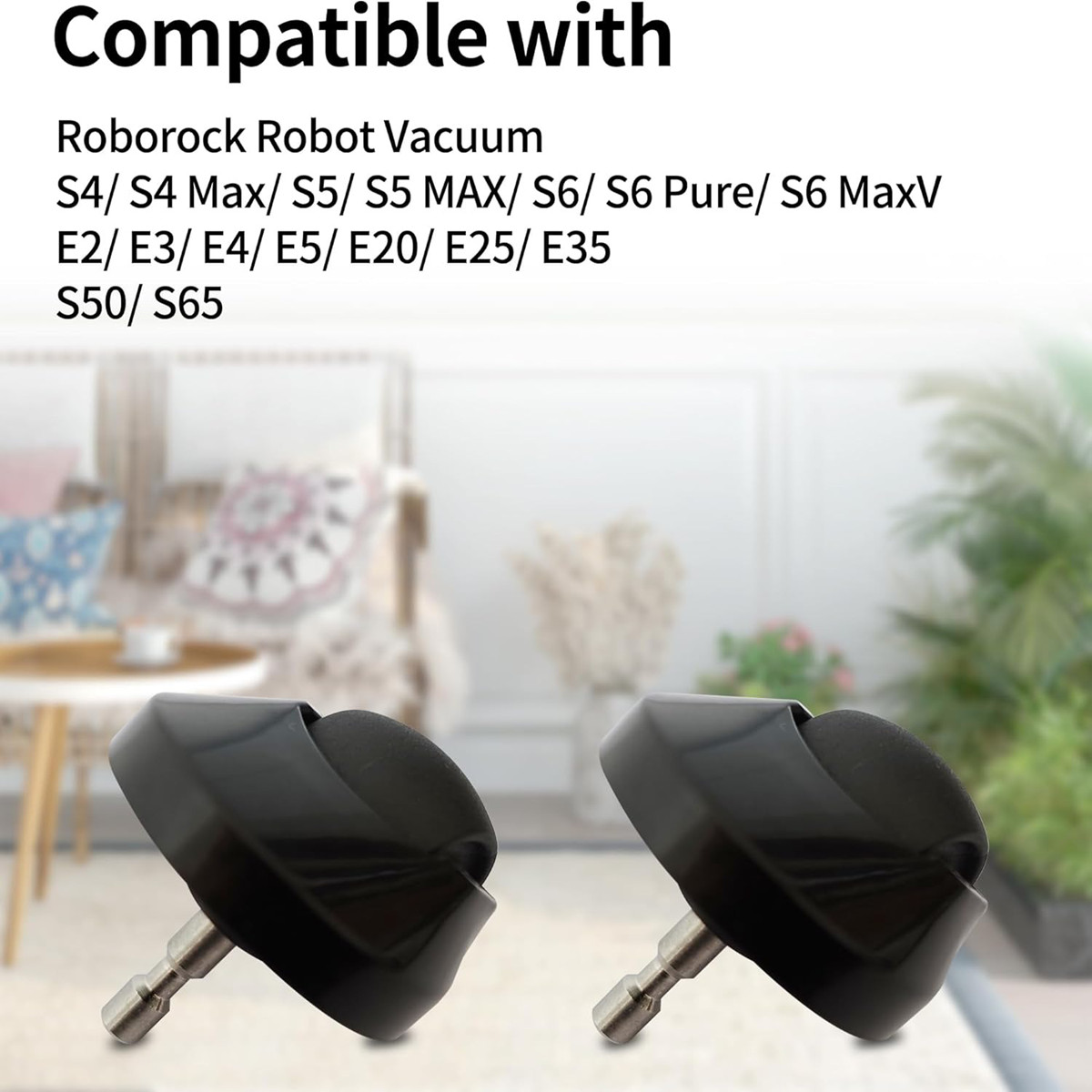 Dwa czarne koła zamienne do robotów odkurzających Roborock, z metalowymi trzonkami.