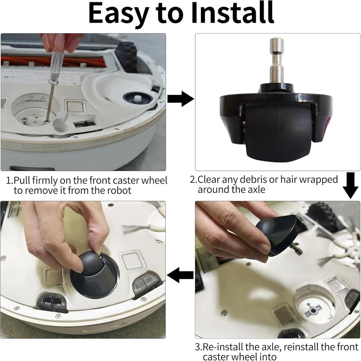 Instrukcja wymiany kółka odkurzacza robota: zdjąć, wyczyścić oś, zainstalować ponownie.
