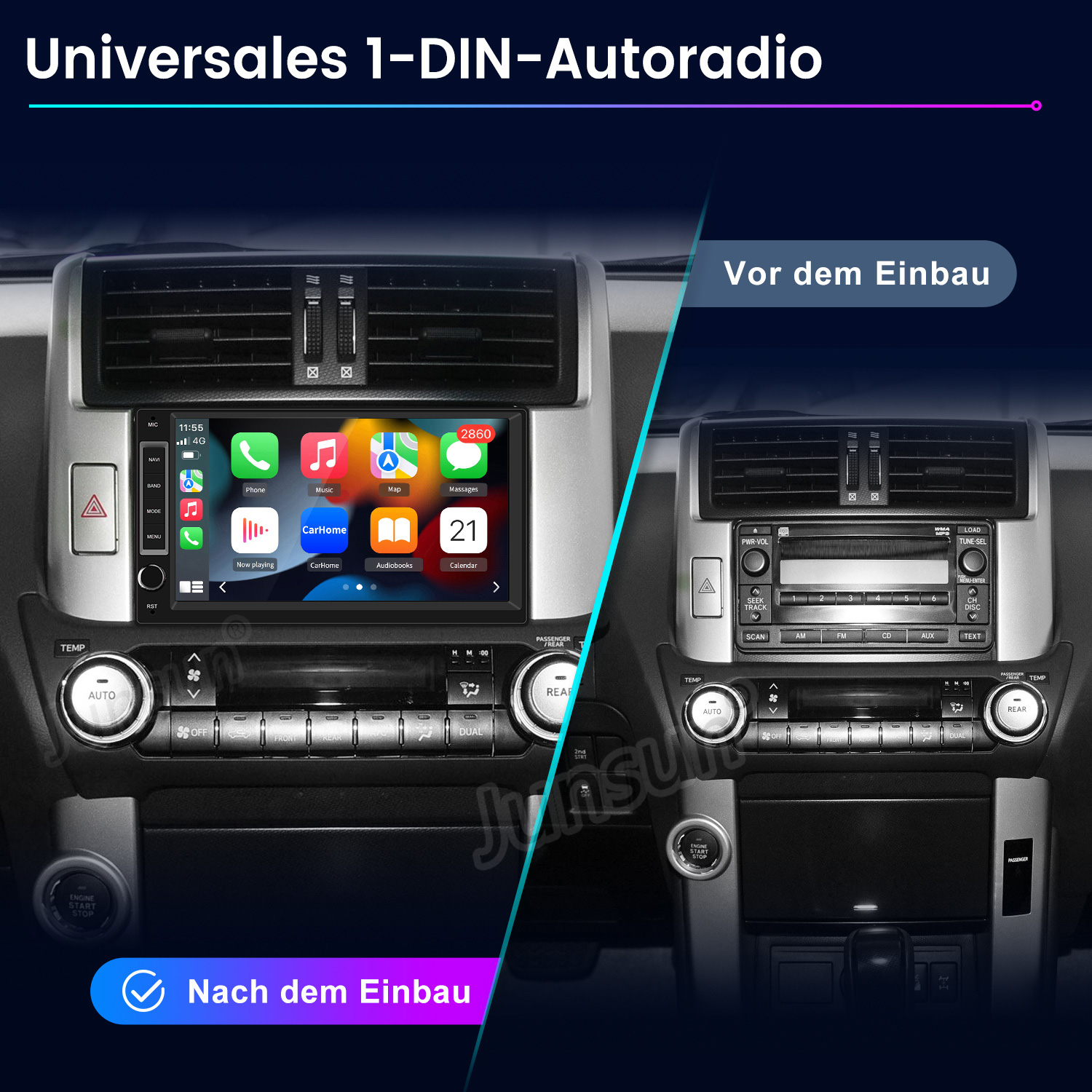 Vergleich eines Autoradios vor und nach dem Einbau in ein Auto.