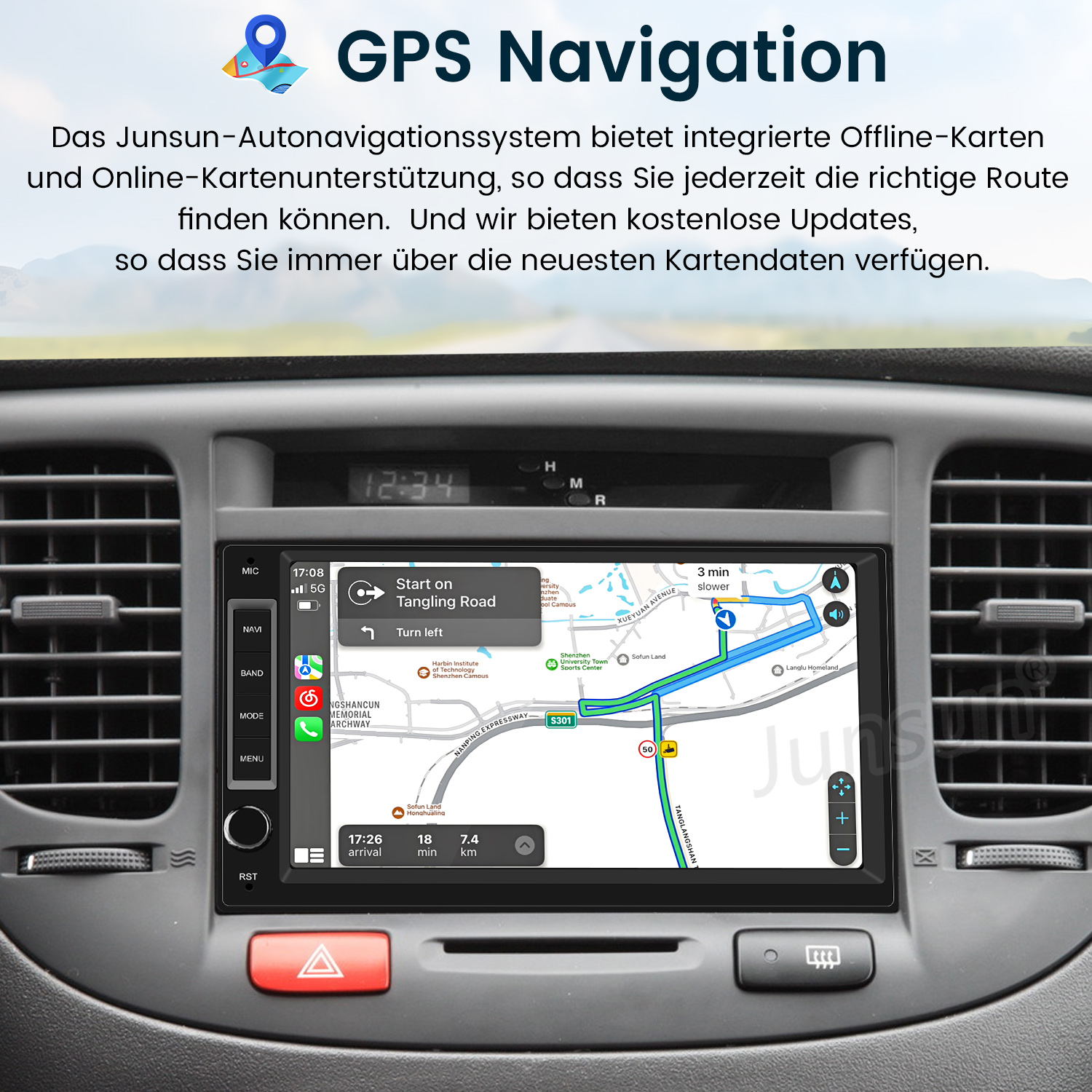 Autonavigationssystem mit GPS-Karte und Routenführung im Auto.
