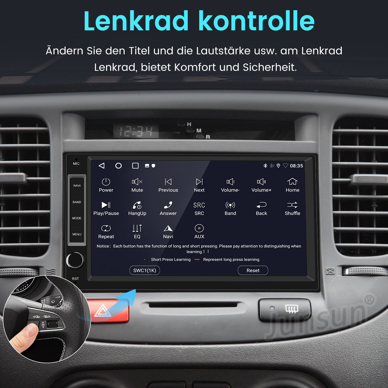 Auto-Armaturenbrett mit Touchscreen, das Audio-Steuerelemente & Lenkradtasten anzeigt.
