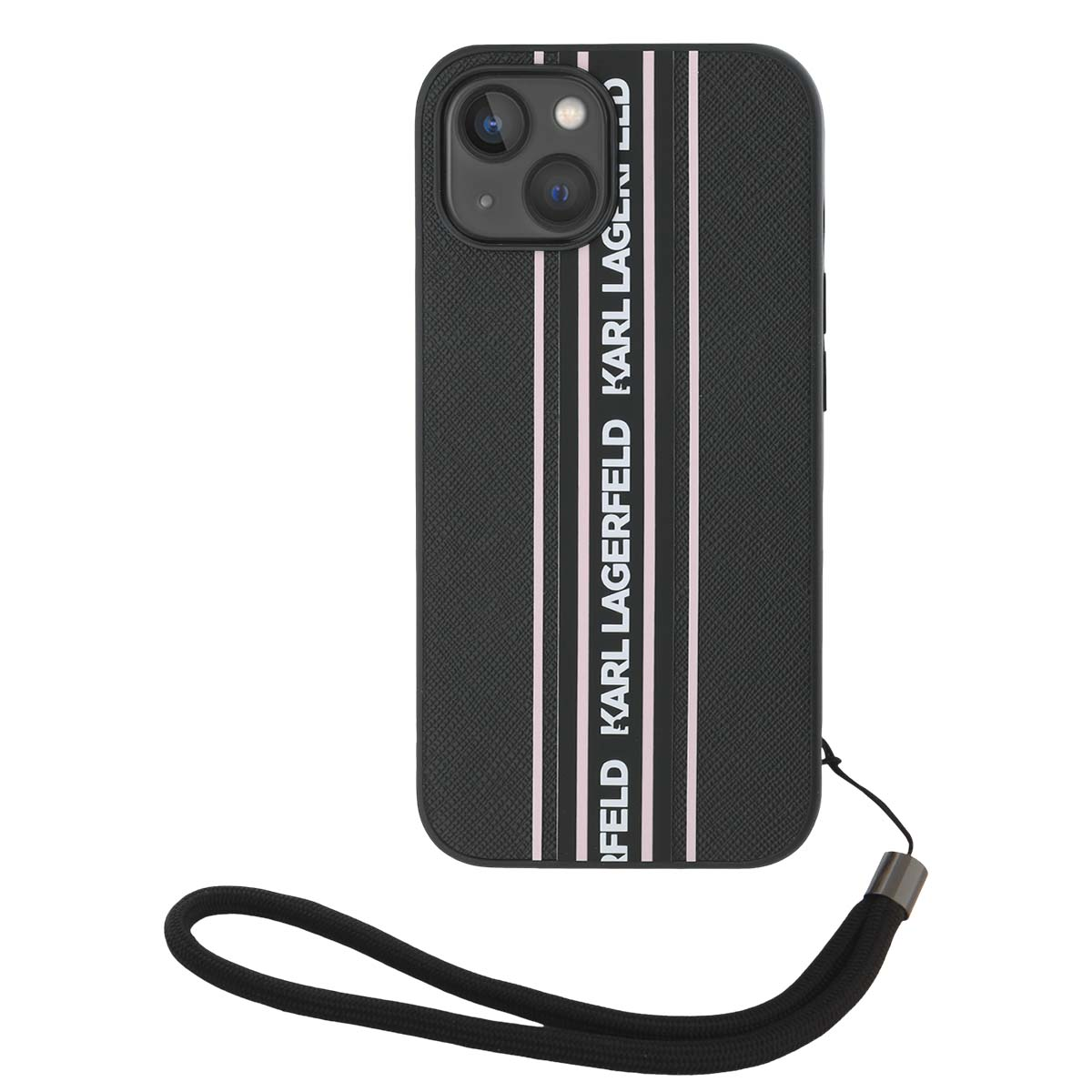 Custodia nera Karl Lagerfeld con strisce rosa e cinturino da polso.