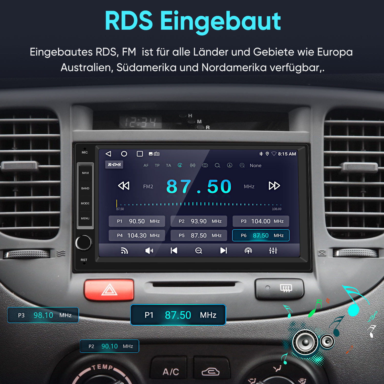 Ein Autoradio-Display zeigt FM2 87.50 MHz an, mit mehreren Speicherplätzen.