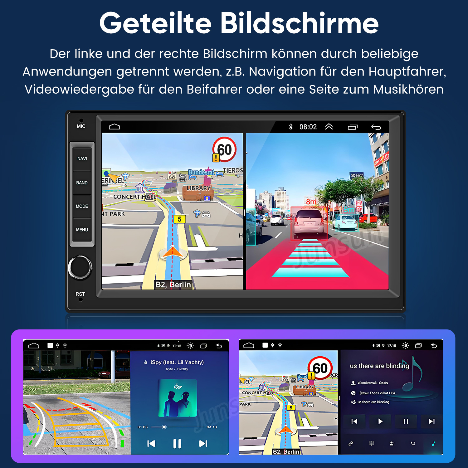 Auto-Infotainmentsystem mit geteilten Bildschirmen: Navigation und Verkehrsansicht oben, Musik und Karte unten.