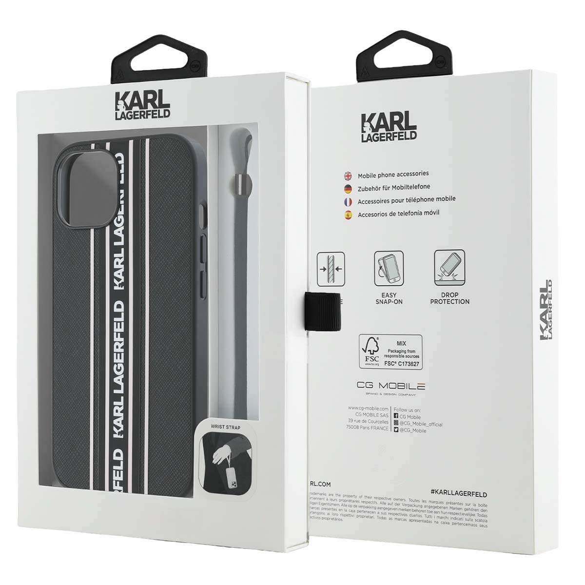 Confezione di custodia per telefono Karl Lagerfeld con logo del marchio, informazioni sugli accessori e certificazione FSC.