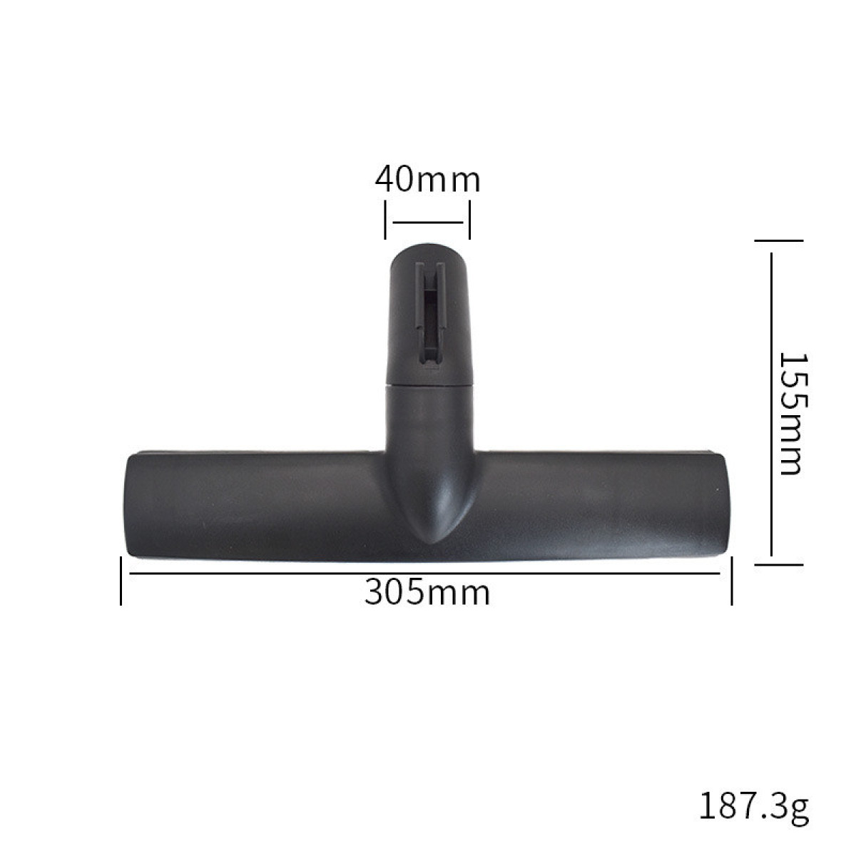 Czarna końcówka odkurzacza, wymiary 305mm, 40mm, 155mm, waga 187,3g.