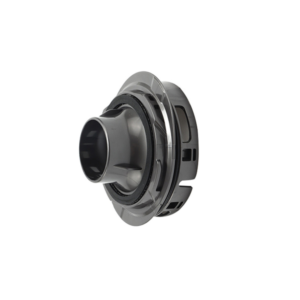 Ciemnoszary, cylindryczny element z rozszerzającym się otworem i skomplikowanymi detalami wewnętrznymi.