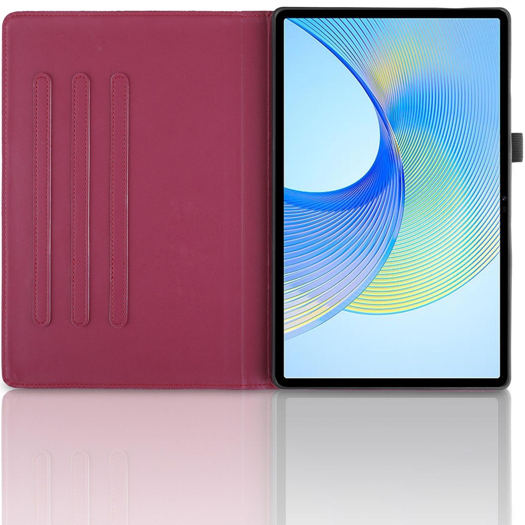 Un tablet chiuso con copertina rosso scuro appoggiato su una superficie liscia.