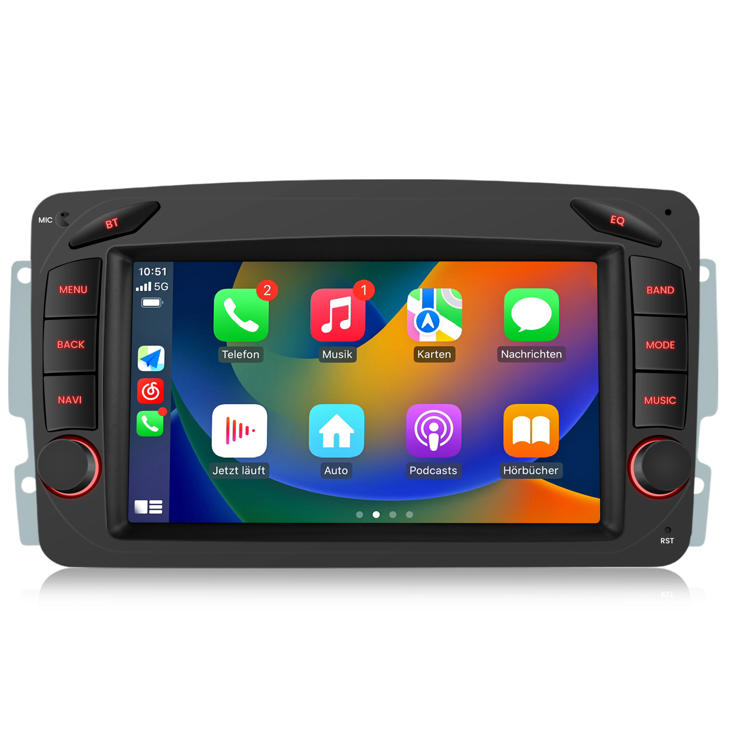Ein Infotainment-Bildschirm im Auto zeigt App-Symbole für Telefon, Musik, Karten und Nachrichten.