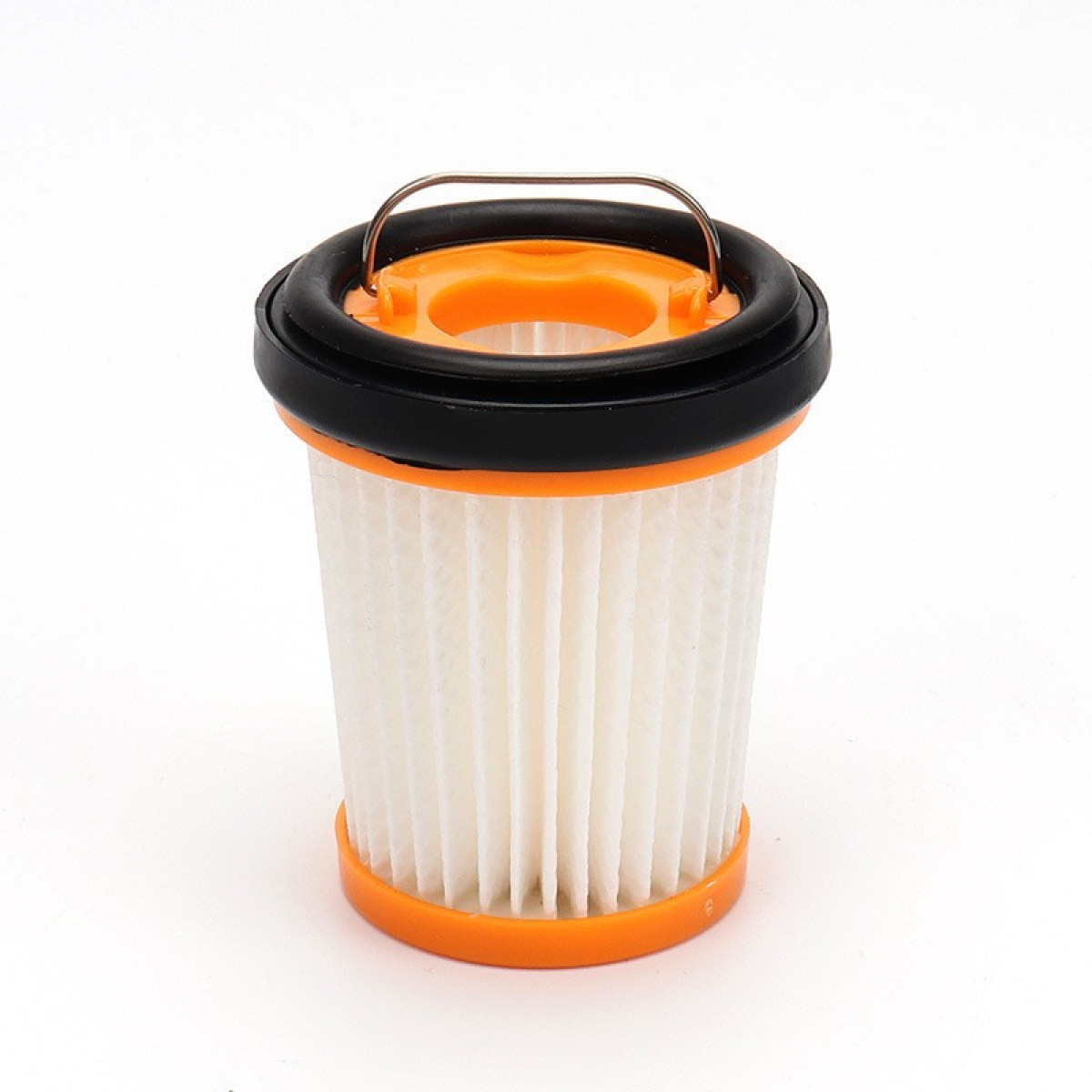 Biały filtr odkurzacza plisowany z pomarańczowo-czarną plastikową górą i dołem.