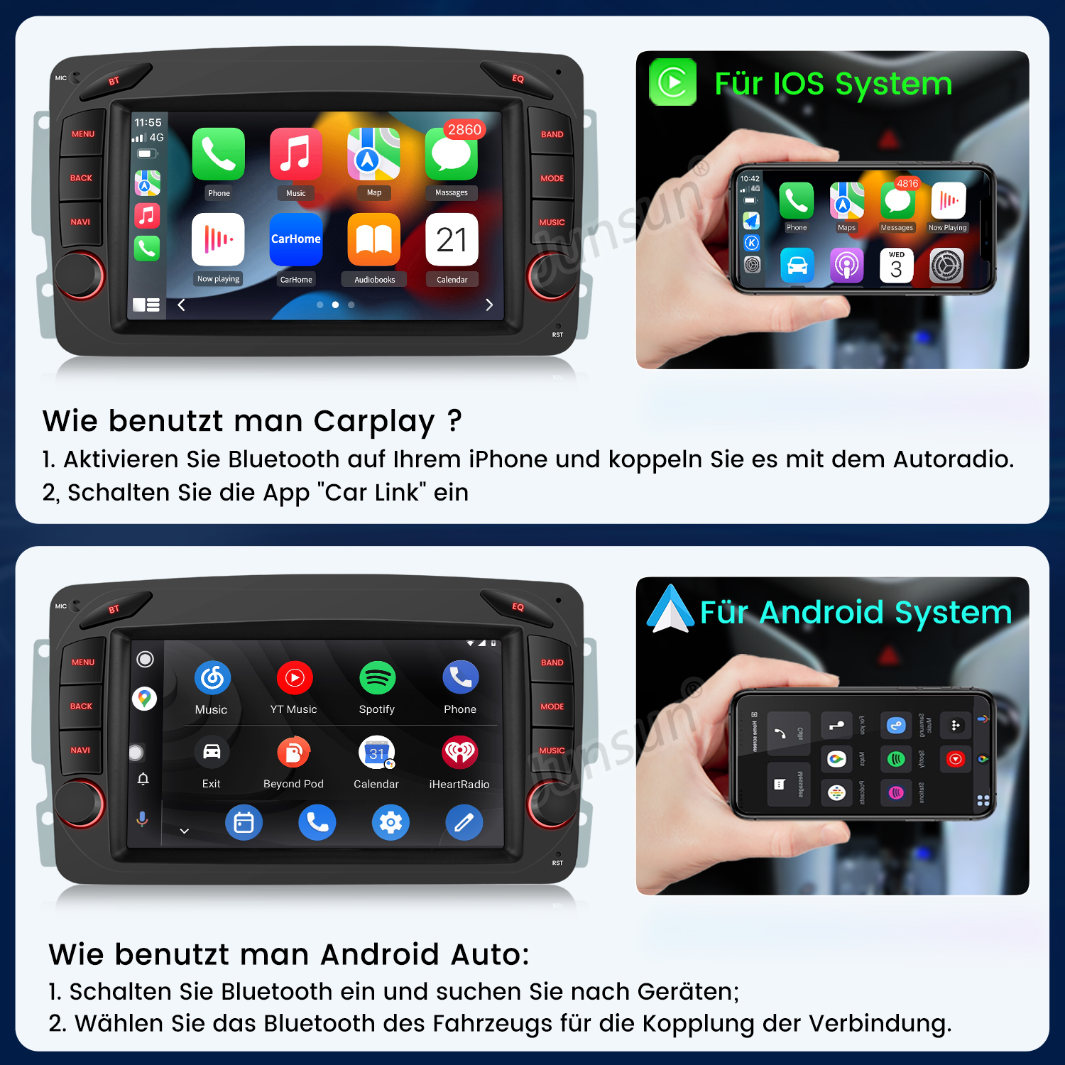 Bildschirmansicht von Carplay und Android Auto auf einem Autoradio und Smartphone.