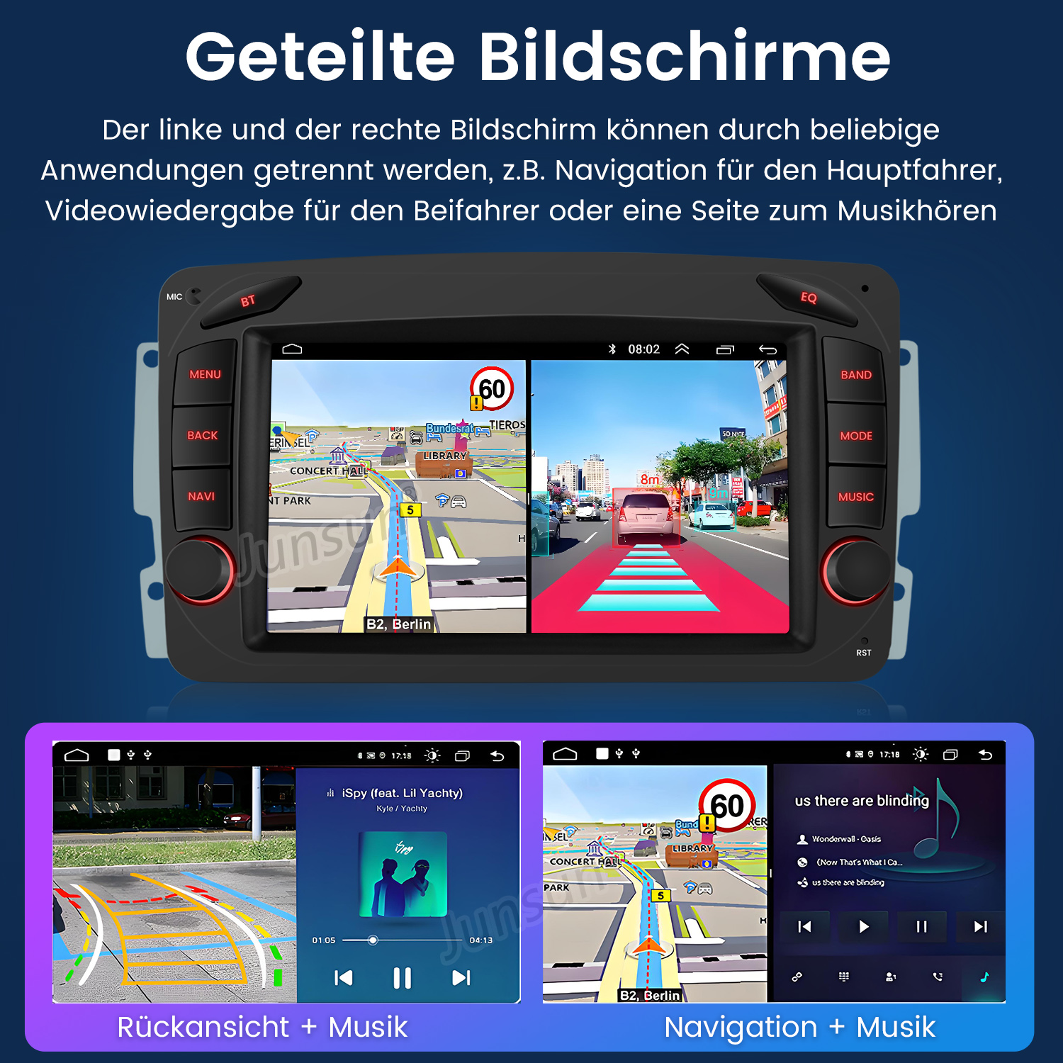 Auto-Infotainmentsystem mit geteiltem Bildschirm: Navigation, Rückfahrkamera, Musikplayer.