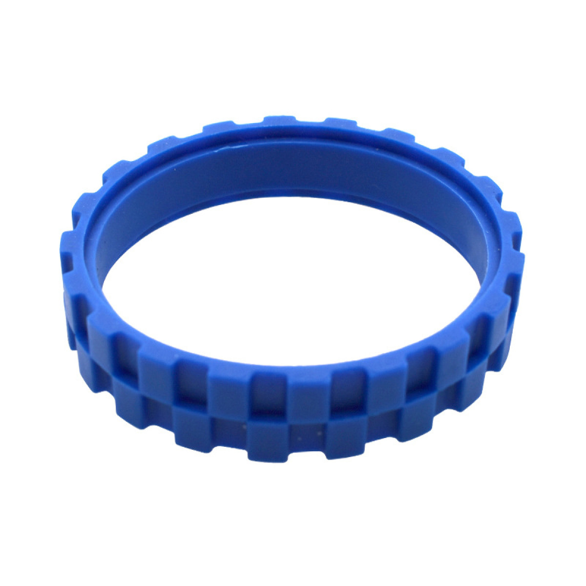 Niebieski pierścień w kształcie koła zębatego na białym tle.