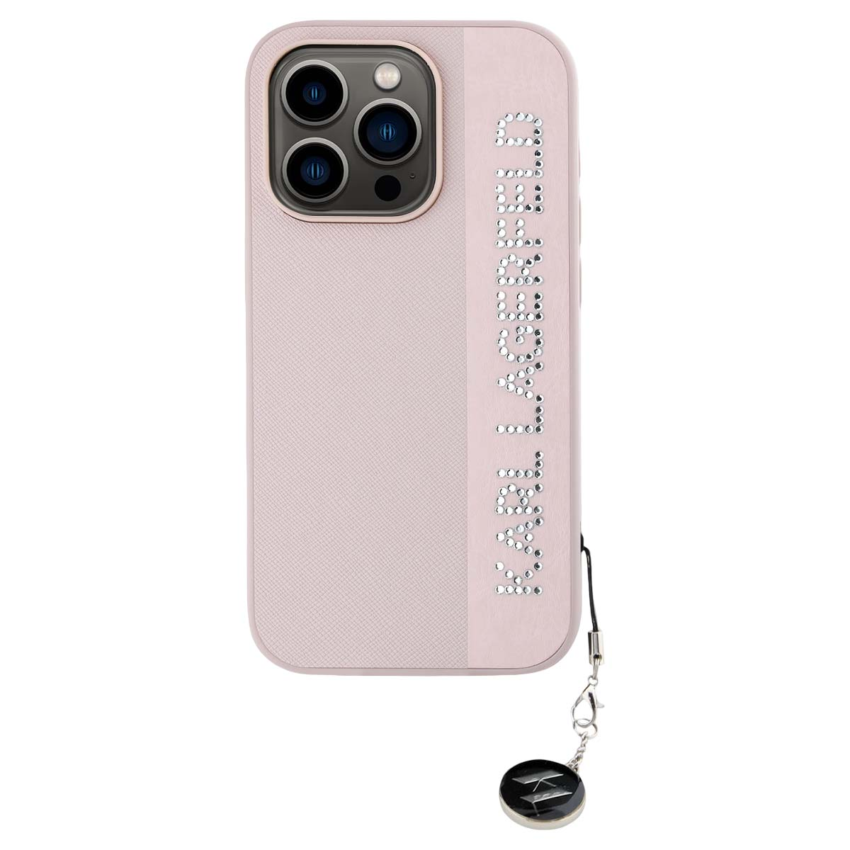 Una cover rosa per iPhone con il logo Karl Lagerfeld in strass e un charm.