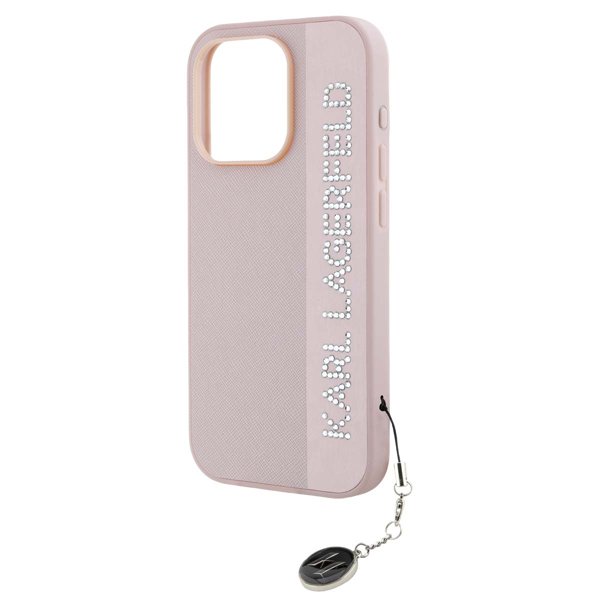 Una custodia rosa per iPhone con strass che compongono KARL LAGERFELD e un ciondolo.