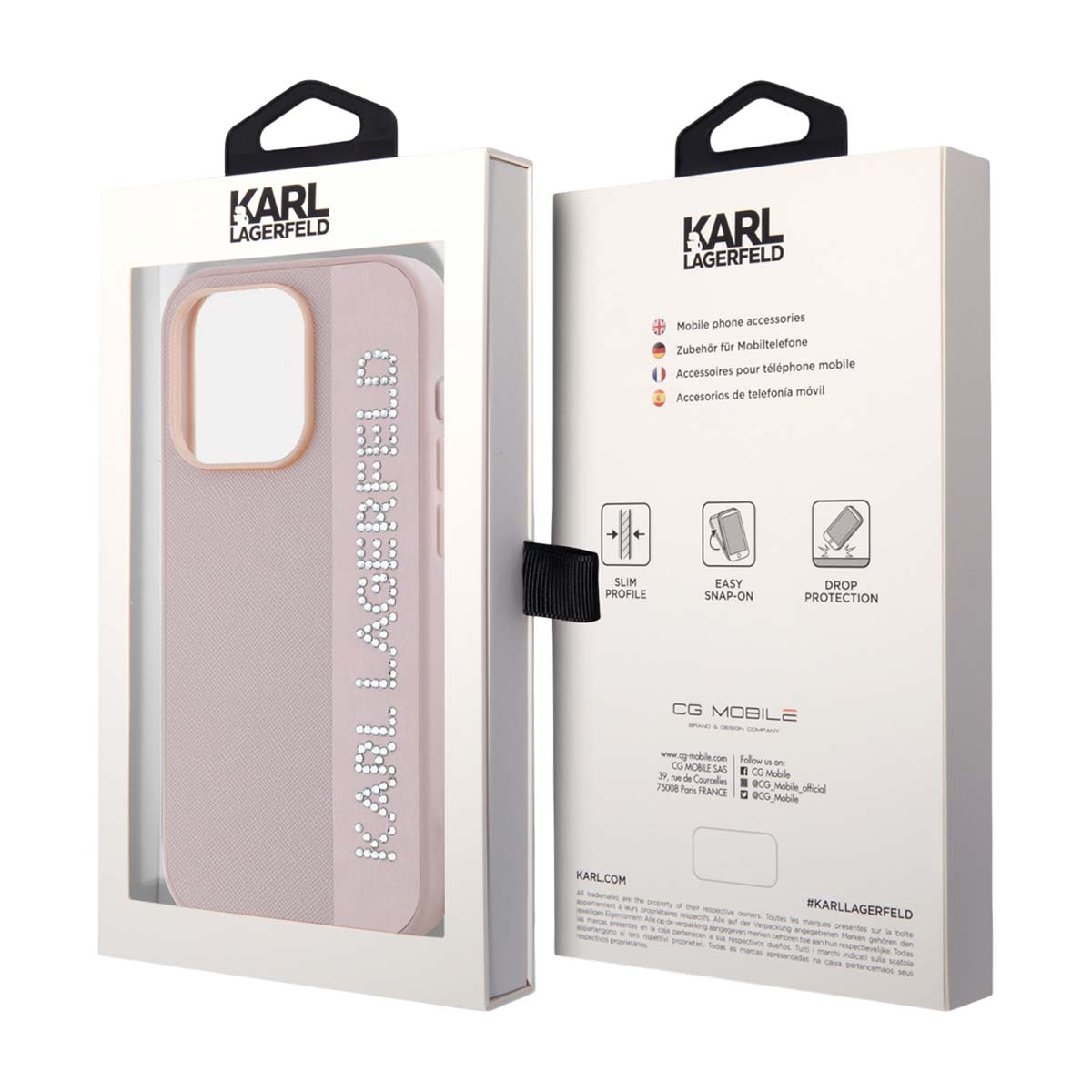 Confezione di cover Karl Lagerfeld con cover rosa e dettagli del brand.