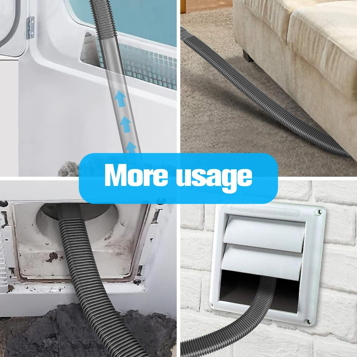 Kolaż pokazujący użycie węża wentylacyjnego suszarki: czyszczenie, obok kanapy, połączenie suszarki, otwór ścienny.