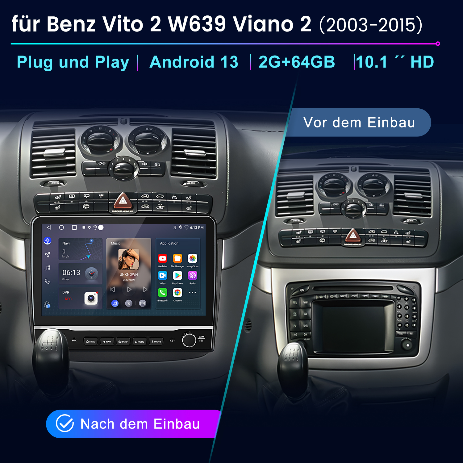 Auto-Armaturenbrett-Vergleich: Vor und nach Einbau eines 10,1-Zoll-Android-Bildschirms.