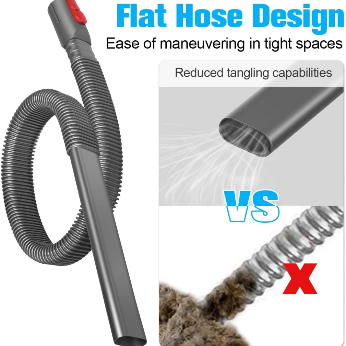 Szara rura odkurzacza o płaskim kształcie, pokazująca łatwość manewrowania i mniejsze splątanie.