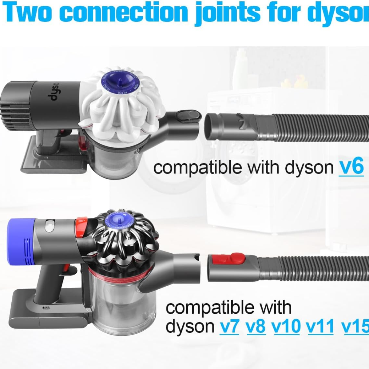 Dwa modele odkurzaczy Dyson, jeden kompatybilny z V6, drugi z V7-V15.