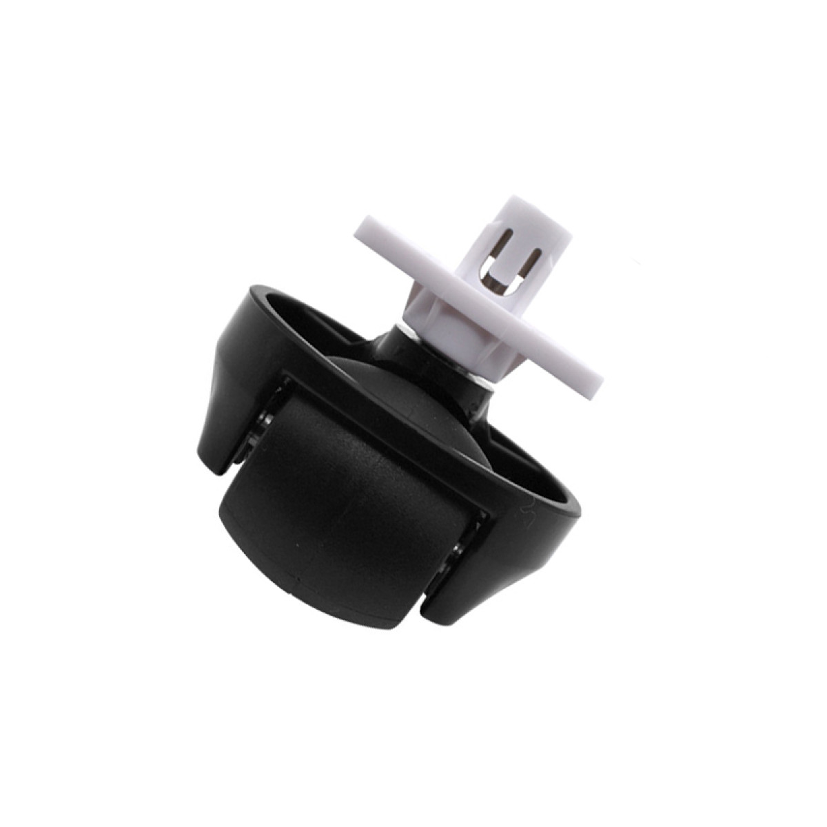 Een zwarte kunststof zwenkwielassemblage met een witte plastic clip.