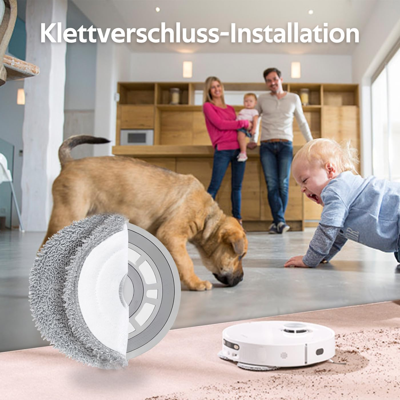 Een hond, een baby en een robotstofzuiger in een modern huis.
