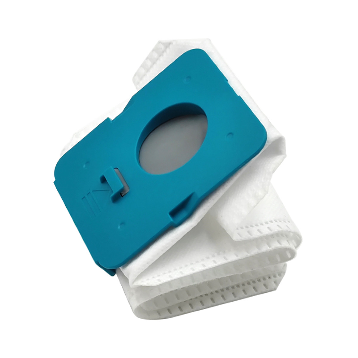 Turkusowy plastikowy adapter do worka odkurzacza z okrągłym otworem leży na białych papierowych workach.