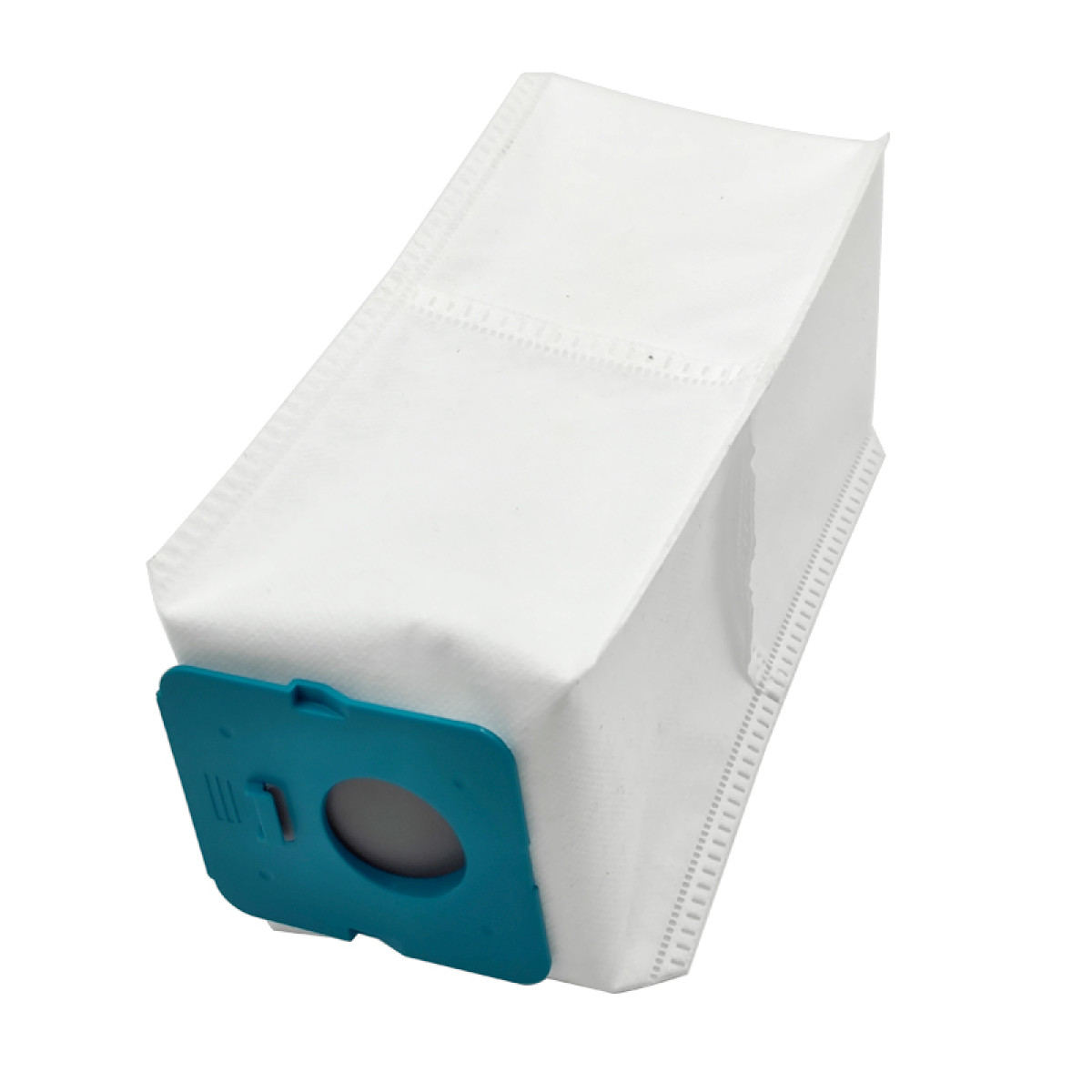 Biały worek do odkurzacza z niebieską częścią łączącą.