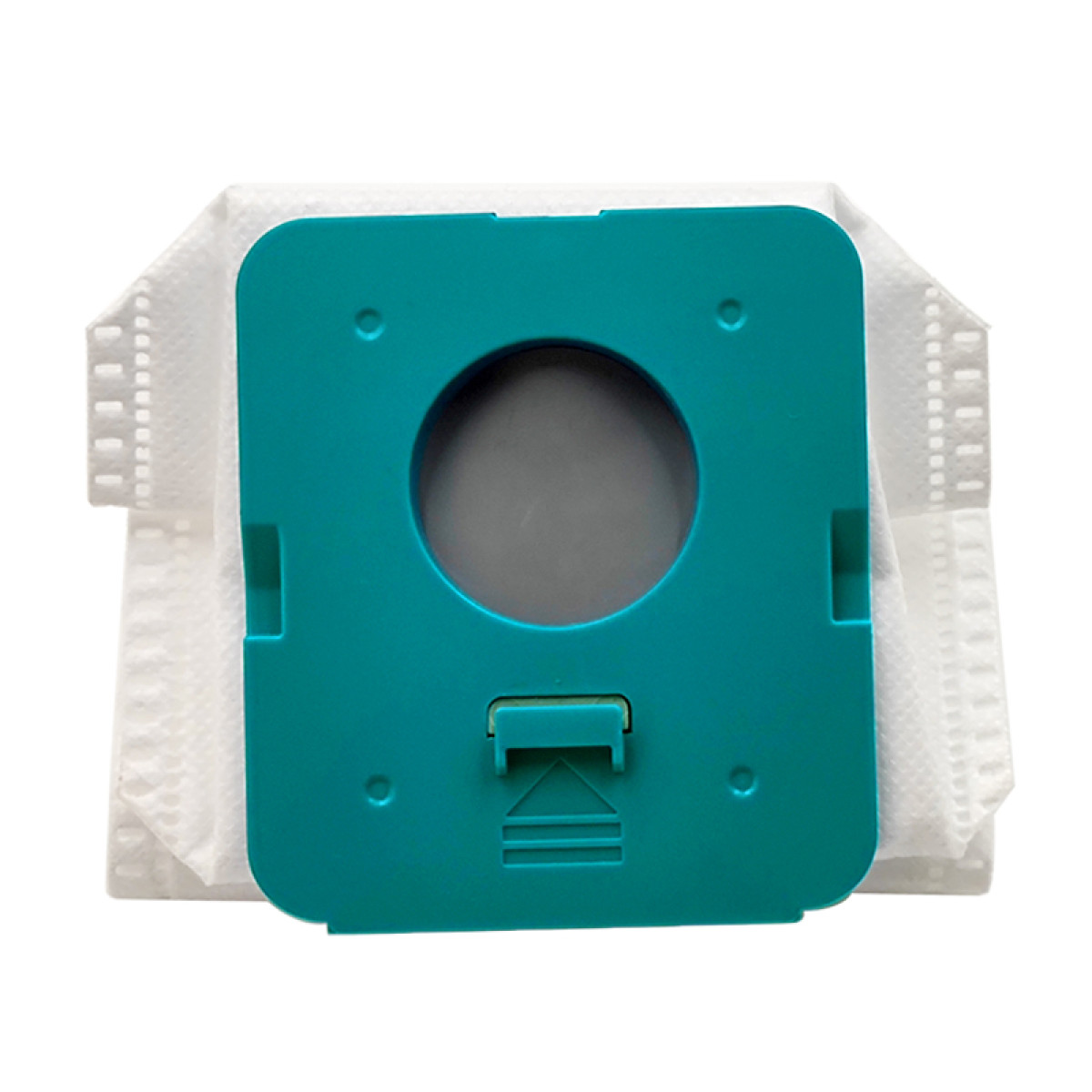 Turkusowa torba do odkurzacza z białym papierowym brzegiem i okrągłym otworem.