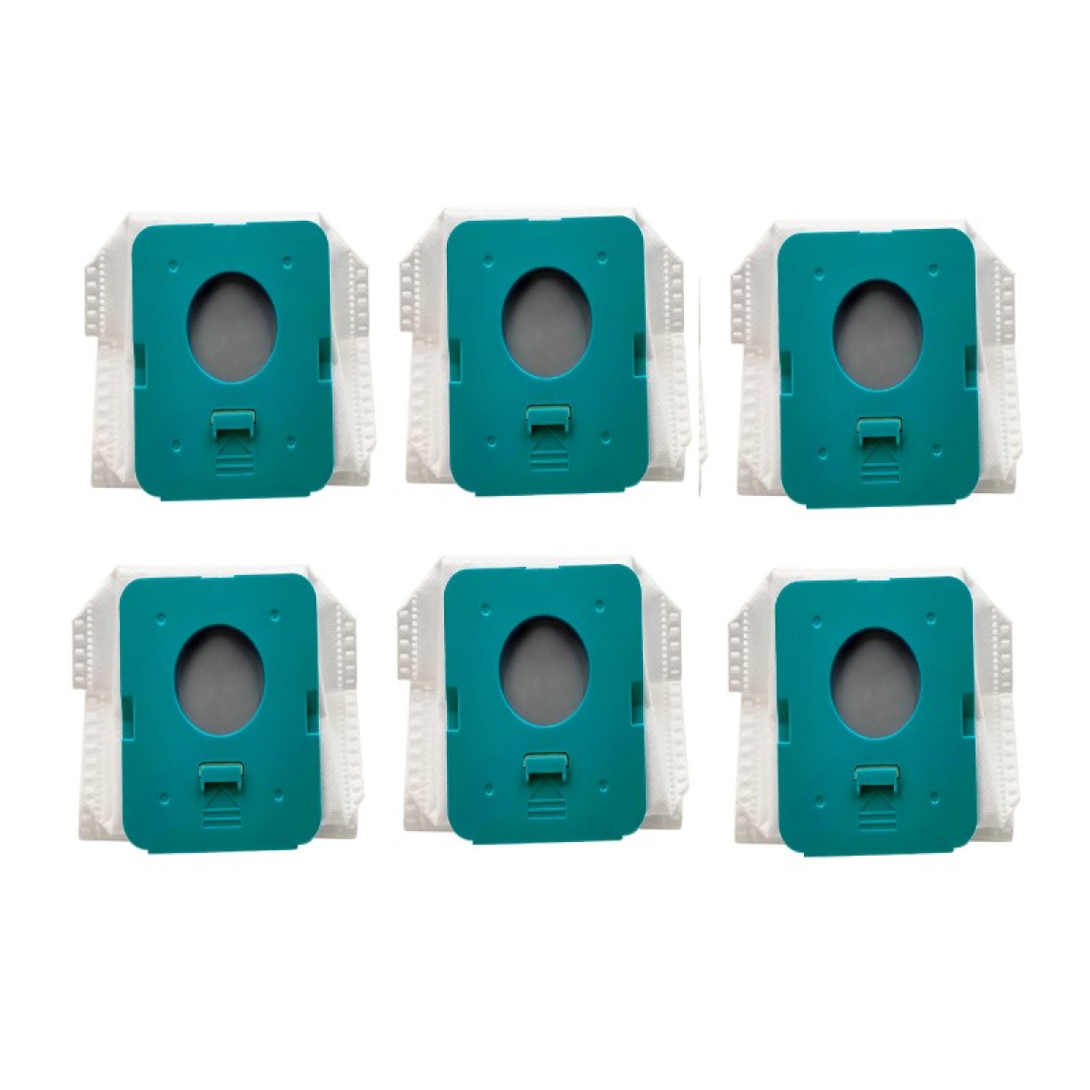 Sześć worków do odkurzacza z turkusowymi plastikowymi kołnierzami i białymi papierowymi korpusami jest ułożonych w dwóch rzędach.